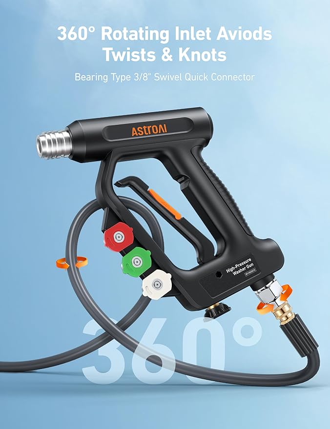 AstroAI Short Pressure Washer Gun with Swivel - High Pressure Washer with 4 Nozzles and 3/8” Swivel Quick Connector Plug - 4060PSI Max and Compatible with Hose, Foam Cannon Car Wash Foam Gun, Black
