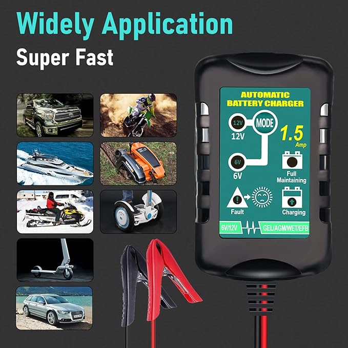 Battery Charger Automatic 6V 12V 1.5A, Trickle Charger Suitable for AGM Gel SLA VRLA Flood Lead-Acid Batteries, Starting Batteries for Auto Car Motorcycle, Dual Voltage Output Detection and Repair