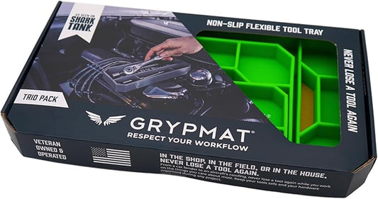 Grypmat Plus Grip Mat for Mechanics - Non-Slip Flexible Silicone Tool Tray - Tool Organizer for Tool Box - Magnetic-Free, Easy-to-Clean Tool Mat - TRIO Small, Medium & Large, Green