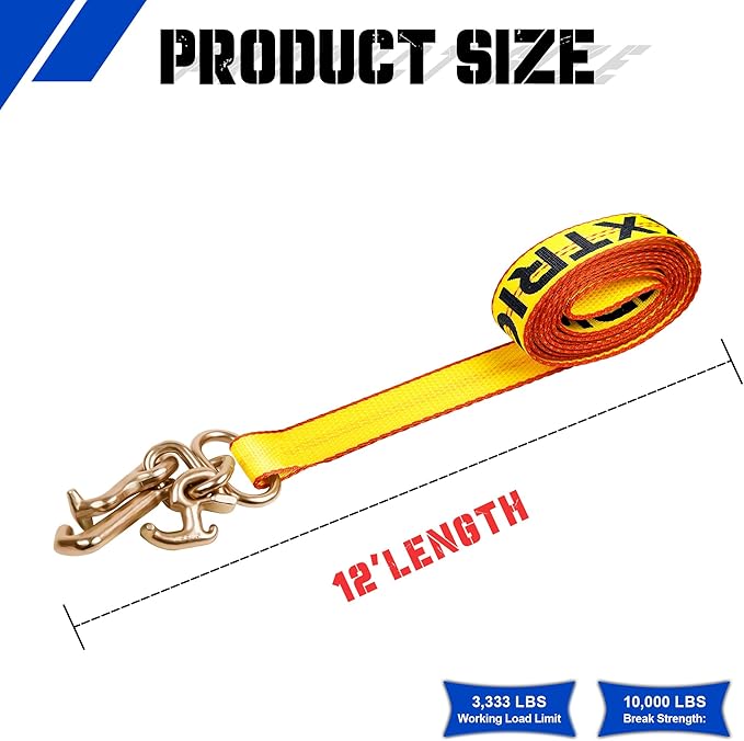 2" x 12' Recovery Winch Strap with RTJ Cluster Hooks,10000LBS Tow Truck Car Winch Tie Down Straps, Complete RTJ Straps 3 Chain Hook, Autohauler & Wrecker Towing Equipment