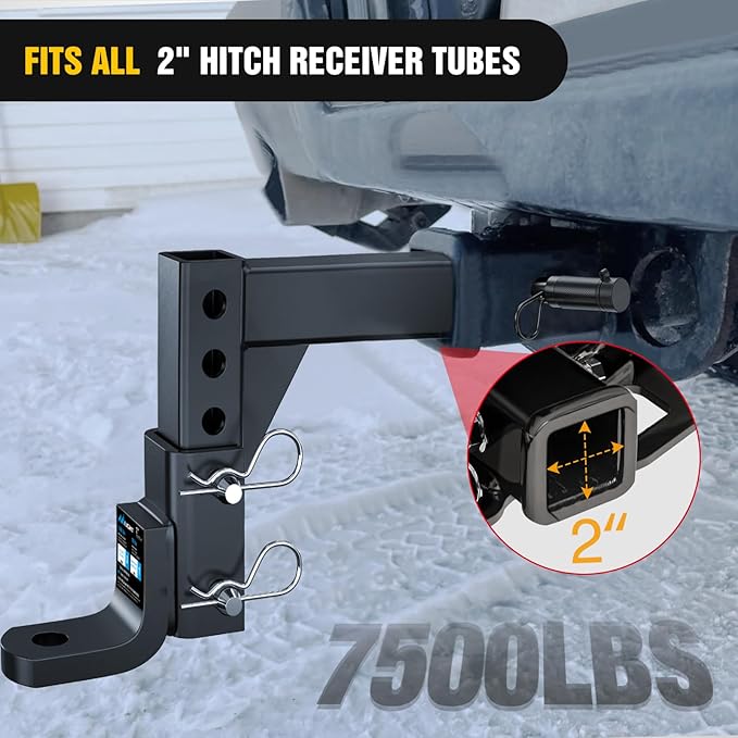 Nilight 8-Position Adjustable Trailer Hitch Ball Mount Fits 2 Inch Receiver with 5/8" Pin Lock 7500 lbs 9-1/2" Drop 8-1/4" Rise 1" Hole Hitch for Trailers Boats Pickups RV