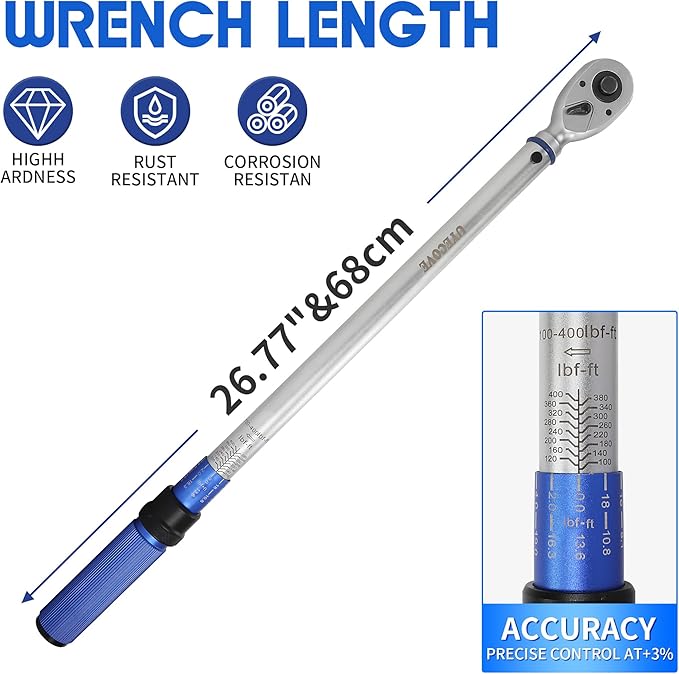 3/4-Inch Drive Click Torque Wrench, Dual-Direction Click Professional Torque Wrench 100-400FT.LB/136-542N.m, Dual Range Scales Graduated in FT.LB and N.M