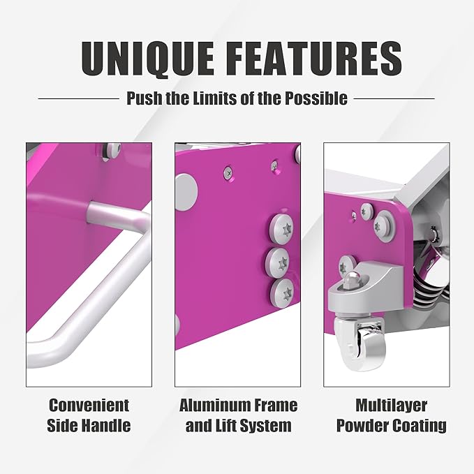 Torin AT830011LP Aluminum and Steel Floor Jack with Dual Piston Quick Lift: Max Height 18.31 Inches for Garages, Car Repair and Racing, 3 Ton (6,000 lb) Capacity, Pink