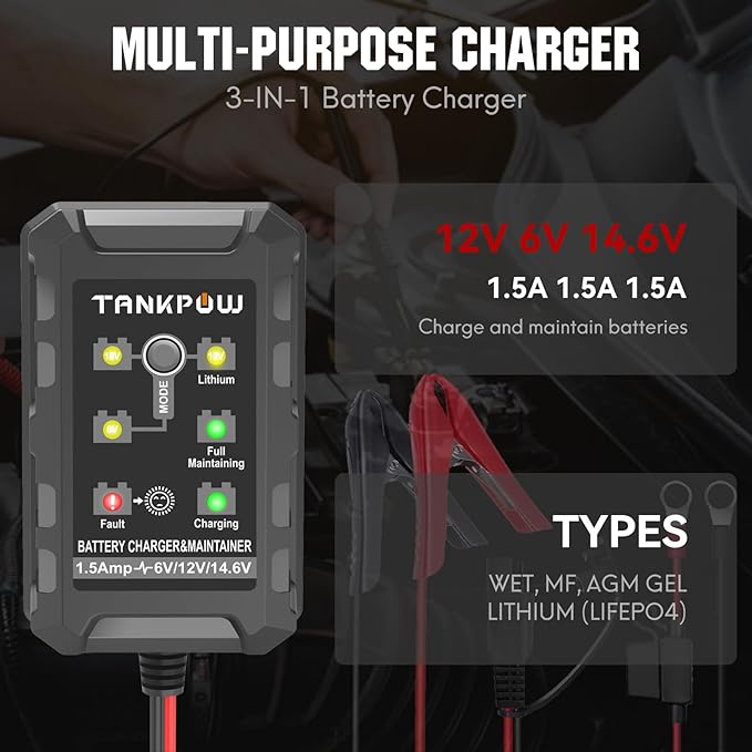 6V/12V 1.5A Automatic Battery Charger,Smart Battery Charger with Overcharge Protection,Trickle Charger Maintainer for Cars,Motorcycle,Lead-Acid&Lithium(LiFePO4) Deep Cycle Batteries