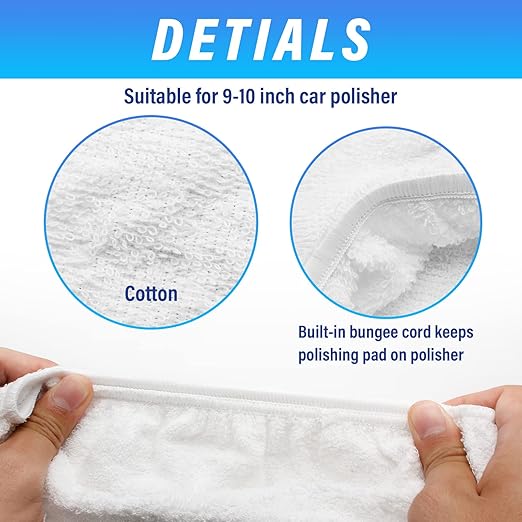 6 PCS Car Polishing Bonnet Buffing Pad Cotton Buffing Pad Cover for 9" - 10" Car Polisher, White