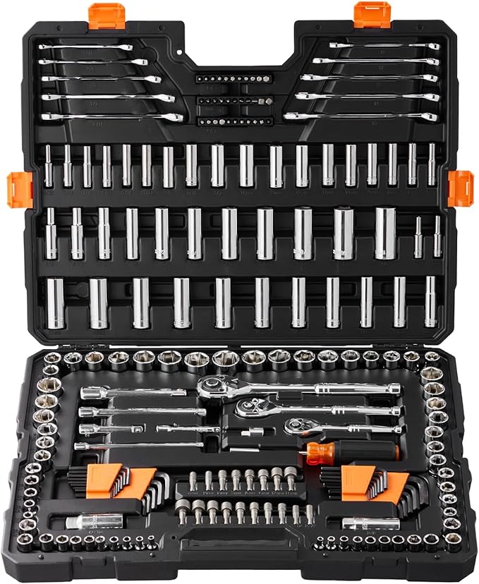 VEVOR Mechanics Tool Set, 205 Pcs SAE and Metric Sockets, 1/4" 3/8" 1/2" Drive Deep and Standard Sockets, Chrome Vanadium Steel, Polyethylene