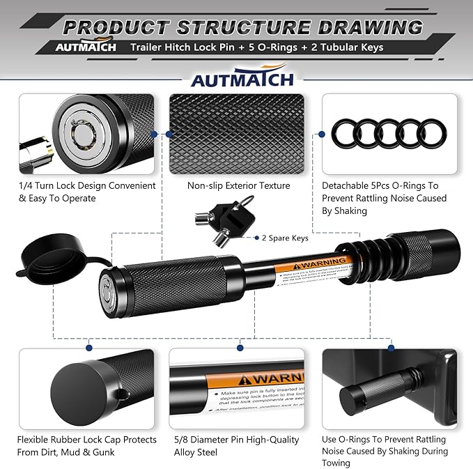 AUTMATCH Trailer Hitch Lock 5/8" - 3" Extra Long Span & Anti-Theft Hitch Locking Pin, Fits Class III IV 2" Receivers, Heavy Duty Towing Lock Pin for Jeep, Trailer, Truck, RV, Bike Rack, Black