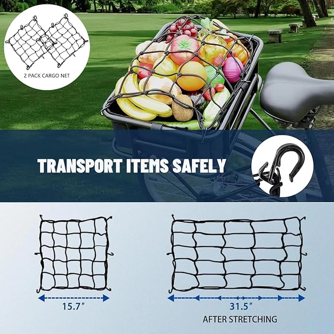 2 Pack Bike Cargo Net for Bike Tote and Basket, Cargo Netting for Bike Storage, 15.7” x 15.7”, Expandable Bungee Net with 6 Hooks, Bicycle Accessories, Black Color