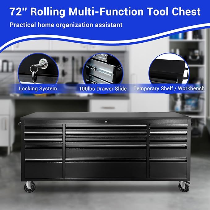CHETTO C 72 inch Tool Chest Tool Box Mobile 15 Drawers Storage Rolling Cabinet with Wheels Lock Key Locking System Drawer Liners for Garage Warehouse Repair Shop Black