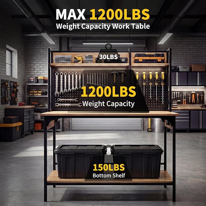 48" Heavy-Duty Garage Workbench with LED Light & Power Outlet, 1200LB Capacity Tool Table with Pegboard, Storage Shelves, USB & Type-C Ports for Woodworking Shop, Garage, Home