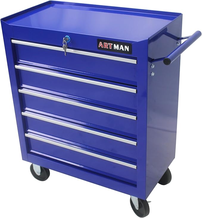 YOPTO Multifunctional Cart with 5 Ball-Bearing Drawers,Portable Rolling Tool Chest W/ 4 Wheels,Key Locking and Pull Handle,for Garage,Warehouse,Workshop,Repair Shop,Blue