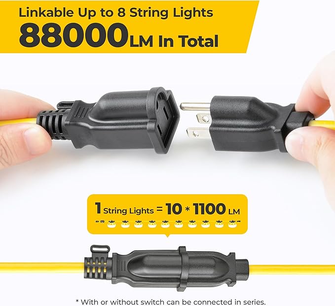 3 Prong LED String Lights with Switch: 100FT Linkable ETL Certified Bright Work Lights, Hanging Temporary Outdoor/Indoor Lighting for Construction Attic Jobsite Garage Shop