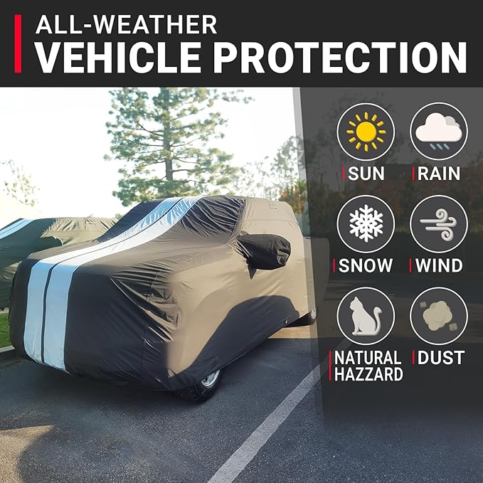 iCarCover Premium Heavy Duty Truck Car Cover - Waterproof All Weather Rain Snow UV Protection, F-150, Silverado 2500 3500, C/K 2500 3500, Sierra, Tundra, Size T73 (See Size Chart), Stripe - Black/Gray