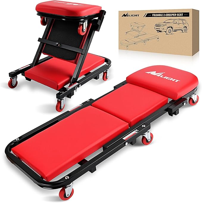 Nilight 40" Z Creeper - 2-in-1 Folding Rolling Mechanic Seat, 40 inches Adjustable Lay-Down or Sit Garage Chair, 330 lbs Capacity, Red Black