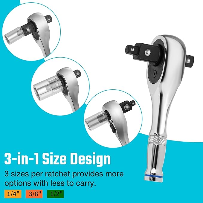 DURATECH Stubby Ratchet Set, 3-IN-1 Ratchet Handle, with 2 Extension Bars, 1/4", 3/8", 1/2" Drive Ratchet Wrench, 72-Tooth, Reversible Switch, Full-Polished Chrome Plating, Alloy Steel