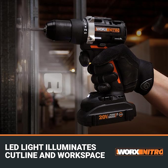 Worx WX102L Nitro Cordless Drill/Driver, Battery Included, 20 V, 2 Ah, 1/2 in Chuck, Ratcheting Chuck