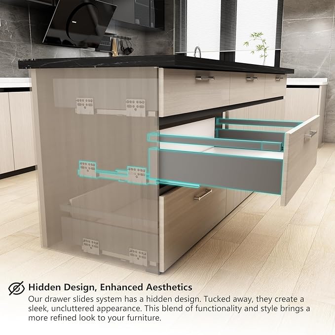 VADANIA Under-Mount Drawer Slide Set, 16-Inch Deep, with Side Panel & Heightening Rods, Hidden Design, Soft Close, Full-Extension, 1-Pair