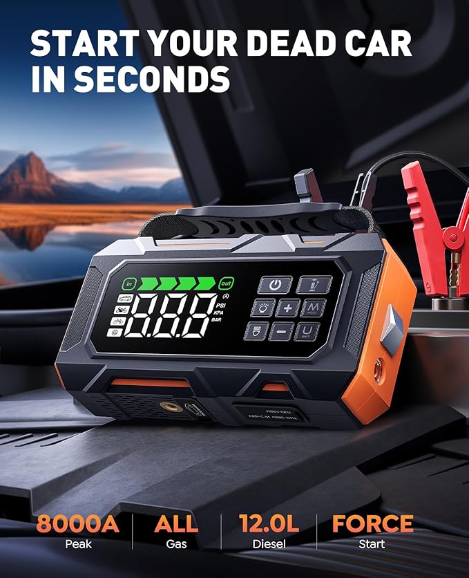 TREKURE 16-in-1 Car Jump Starter with Air Compressor 160PSI, 8000A Jump Starter Jump Box (All Gas 12L Diesel), Jumper Cables Jumper Starter Portable with Car Roadside Emergency Kit, Gloves, Lights