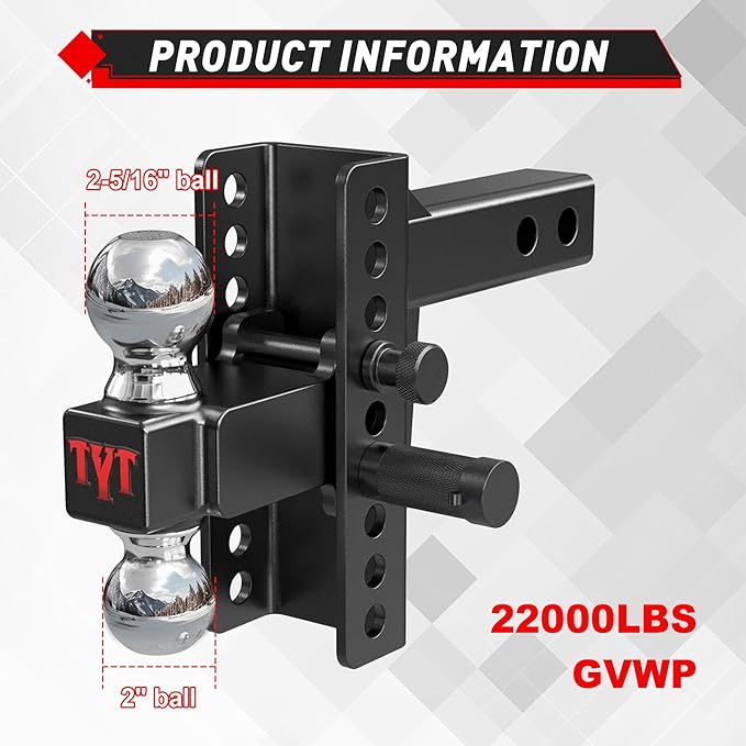 TYT Adjustable Truck Trailer Hitch for 2.5 inch Receiver, 6" Drop/Rise Tow Hitch with Dual Balls (2" & 2-5/16"), Includes Two Pin Locks & Hitch Tightener