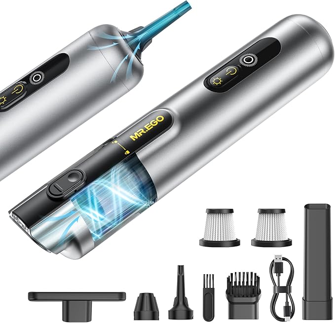 Mr.ego Handheld Car Vacuum Portable Cordless, 4-in-1 Mini Vacuum with 18500Pa Strong Suction, Desk Vacuum Cleaner and Air Duster with Green LED Light for Small Jobs, Car, Home, Keyboards (Silver)