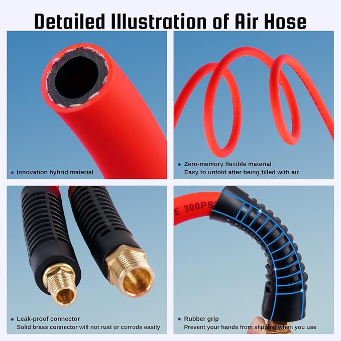 Truck Tire Inflator Kit, 3/8” x 50FT Hybrid Air Hose with 1/4" Chuck and 1/2" NPT Universal Gladhand Connection