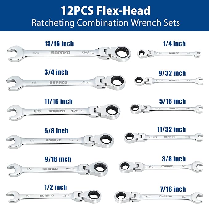 SORAKO Ratcheting Wrench Set Flex Head, 16 Piece SAE Combination Ratchet Wrench kit, 1/4″ - 13/16″ Chrome Vanadium Steel Wrenches