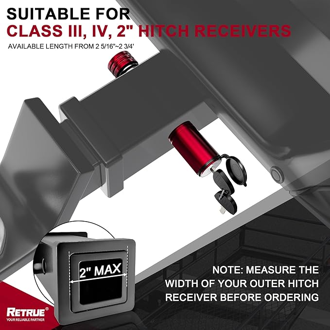 RETRUE Trailer Hitch Receiver Pin Lock - Black, 2 Inch Receiver, 5/8" Dia Hitch Lock for Securely Locking Trailer Hitch with Two Keys, Red