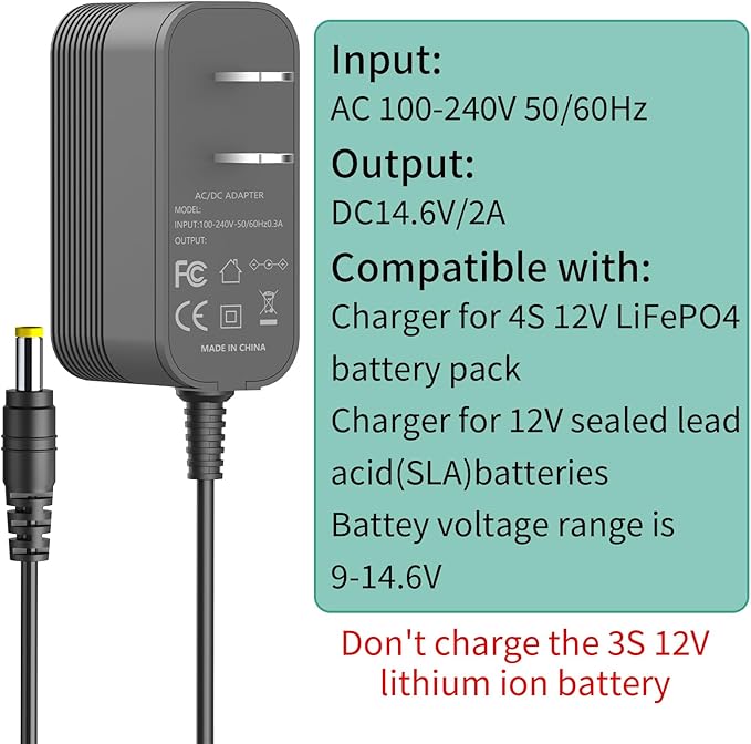 14.6V 2A LiFePO4 Battery Charger with Dual Alligator Clips Connector for 4S 12V Rechargeable Lithium Iron Phosphate Battery Pack