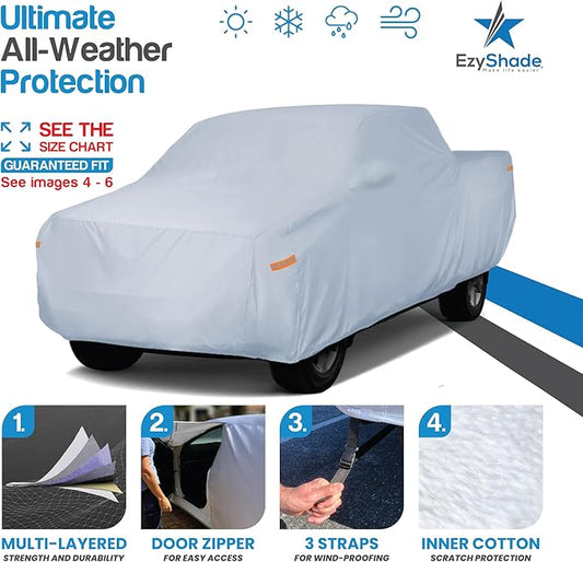 EzyShade 10-Layer Truck Cover Waterproof All Weather. See Vehicle Size-Chart for Accurate Fit. Full Outdoor Pickup Truck Covers for Ford F150 Colorado RAM. Sun Wind Rain. Size T3 (See SizeChart)