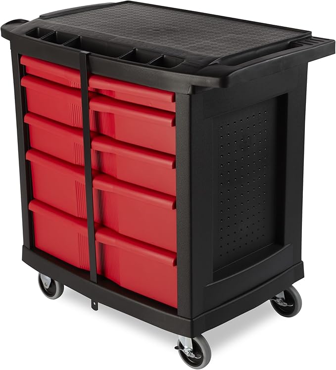 Rubbermaid Commercial Products Mobile Tool Work Center, 5 Drawers, 250 lb. Capacity, Black, for Warehouse/Garage/Cleaning/Maintenance
