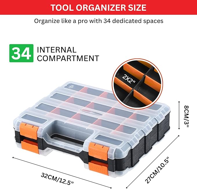 Andalus Tools Organizer Box, Small Parts Storage 34-Compartment Double-Sided Portable Hardware Organizer Removable Plastic Dividers for Screws, Nuts, Bolts, Nails – Orange (2 Pack, 12.5" x 10.5" x 3")