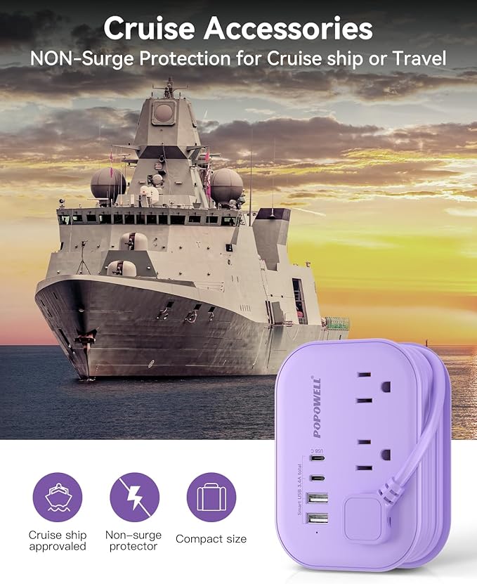 Purple Extension Cord-, 5 FT Kawaii Travel Power Strip, 1250W Cute Extension Cord with 3 AC Outlet 4 USB Desktop Charging Station, Purple Desk Accessories for Cruise Essentials, Travel, Home, Dorm.