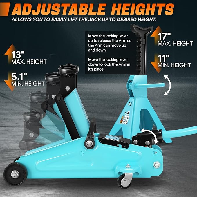 PM PERFORMOTOR Low Profile Hydraulic Trolley Service/Floor Jack Combo with 2 Ratchet Jack Stands, 2 Ton (4000 lbs) Capacity, Tiffany Blue, PM-TOL-FJ3P-TB