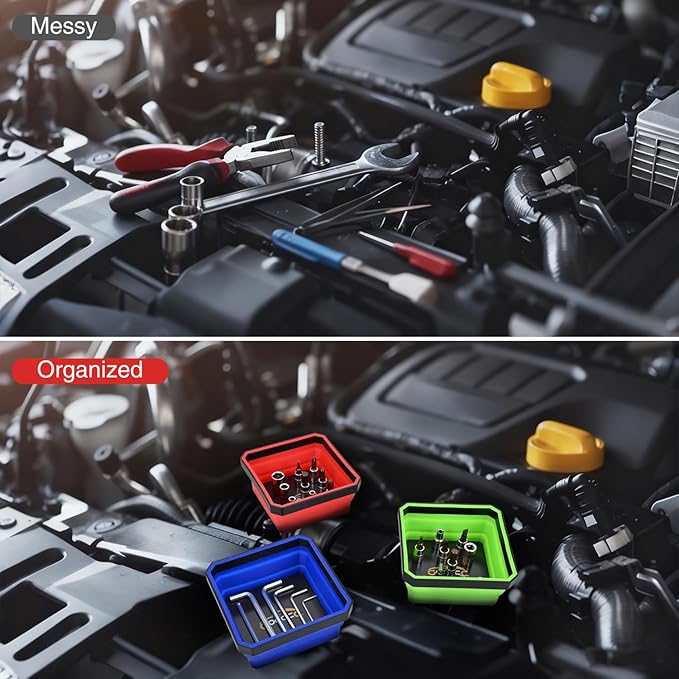 GOOACC 3 Pcs Square Collapsible Magnetic Parts Tray Set Multiple Colors Silicone Foldable Tool Trays Organizer for Screws Bolts Nuts Pins Washers and Other Small Metal Parts Double Sided Magnet Base