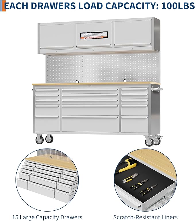 Tool Chest, 72 Inch Tool Box Mobile 9 Drawers Storage Rolling Cabinet with Wheels Lock Key Locking System Drawer Liners for Garage Warehouse Repair Shop, Sliver