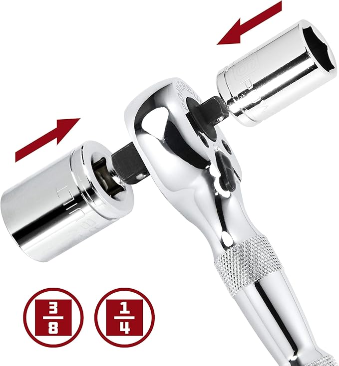Powerbuilt Stubby 1/4-Inch and 3/8-Inch Dual Drive Ratchet Handle, 72 Tooth, Mini Ratchet Wrench, Chrome-Vanadium Steel Construction, Mirror Polish Finish, Reversible Direction Head - 940931
