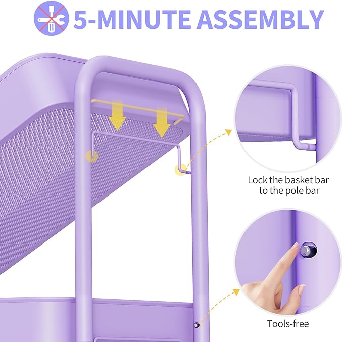 TOOLF 3-Tier Rolling Cart - Metal Utility Storage Organizer with Lockable Wheels, 33 lbs Per Shelf, Tool-Free 5-Min Assembly, for Kitchen Bathroom Office Nursery Craft Room, Purple