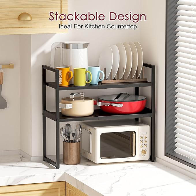 Expandable Kitchen Storage Shelves,110LBS Heavy Duty Metal Garage Shelving Units For Pot Pans Appliance,Adjustable Small Storage Shelf Rack Organizer For Kitchen Countertop Under Cabinet Garage Pantry