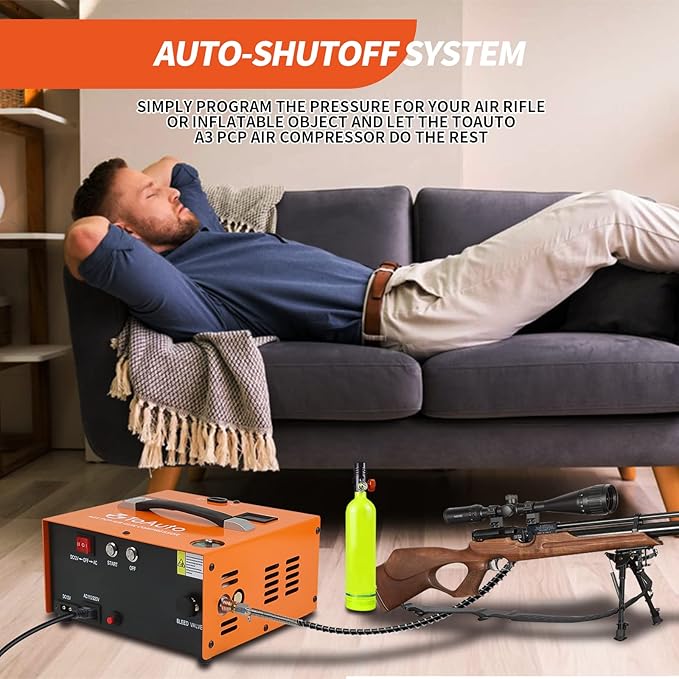 TOAUTO A2X Upgraded PCP Air Compressor, One Button Start, Auto-Stop, Portable 4500Psi/30Mpa, Oil/Water-Free, HPA Compressor for Paintball/PCP Air Rifle/Scuba Tank,Powered by Home 110VAC or Car 12VDC