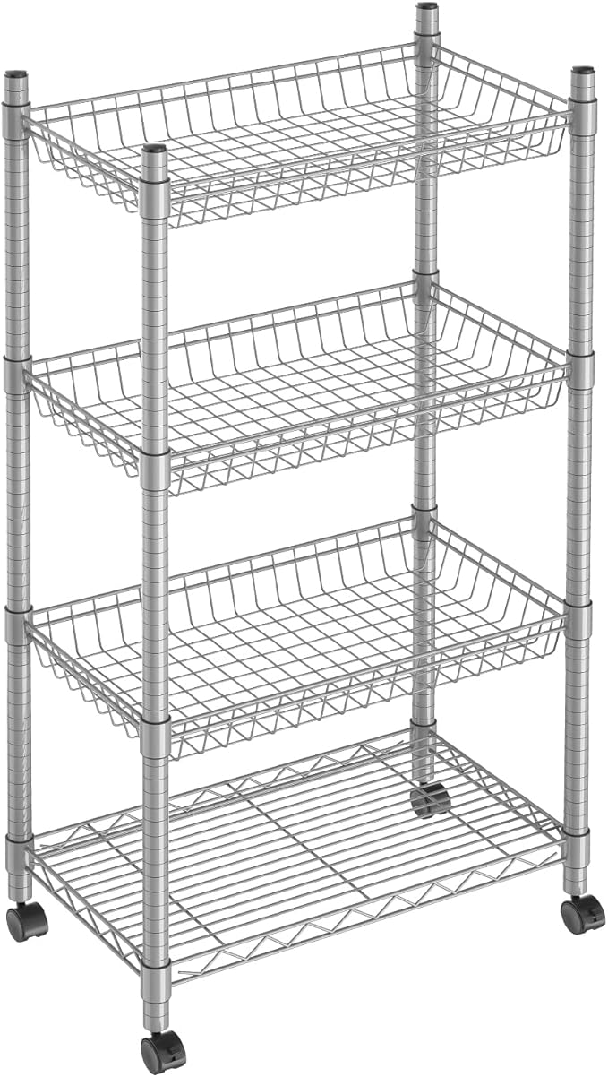 Guan River 4 Tier Wire Shelving Wire Basket Shelf Storage Cart Adjustable Metal Shelf 2 Bottoms for Choose(Castor or Leveling Feet) for Office,Kitchen,Bedroom,Silver(23.23" L x 13.11" W x 49.21" H)