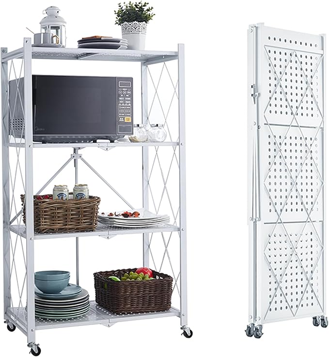 Foldable Storage Shelves with Wheels, Folding Shelving Units Storage, Heavy Duty Metal Collapsible Shelf No Assembly, Large Capacity Pop-Up Organizer for Garage,Kitchen,Living Room, 4-Tier White