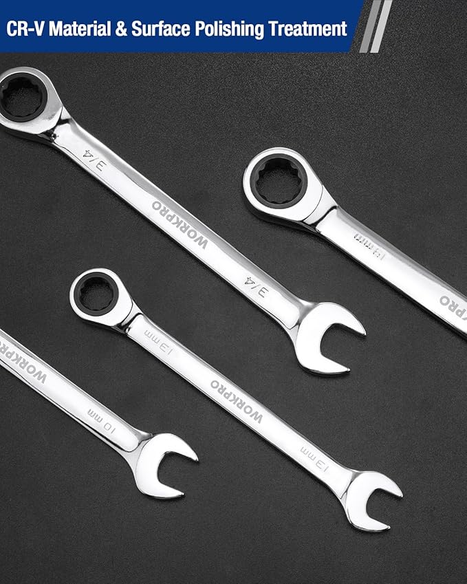 WORKPRO 10 mm Ratcheting Combination Wrench Metric, CR-V Constructed with Mirror Polish Chrome Plating, 12-Point Design, 15-Degree Offset
