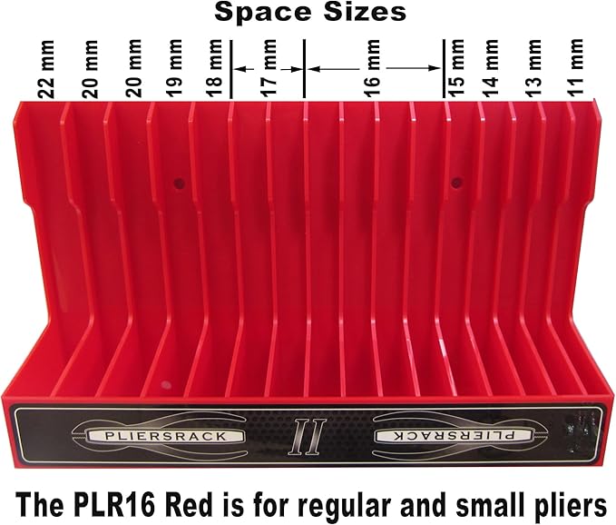 PLR16 Red Pliers Rack mounts on your peg board, or fits in your toolbox drawer. Plier storage for Regular & smaller pliers. Holds spring loaded pliers closed. Has a special tilt feature.