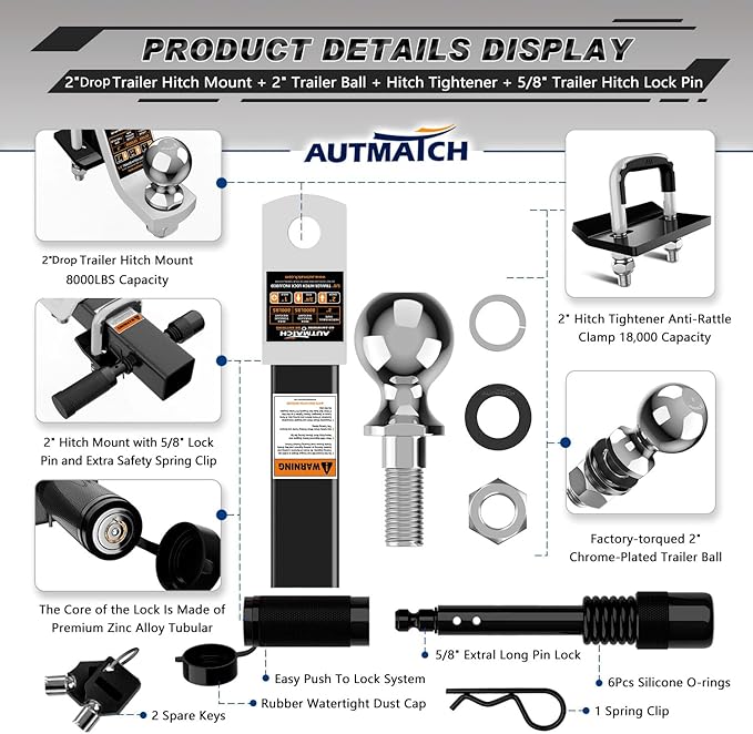 AUTMATCH Trailer Hitch Ball Mount with 2 Inch Hitch Ball - Fits 2" Receiver with Hitch Tightener, 8000Lbs Capacity Ball Hitch, 2-Inch Drop with 5/8" Hitch Lock Pin, White & Black