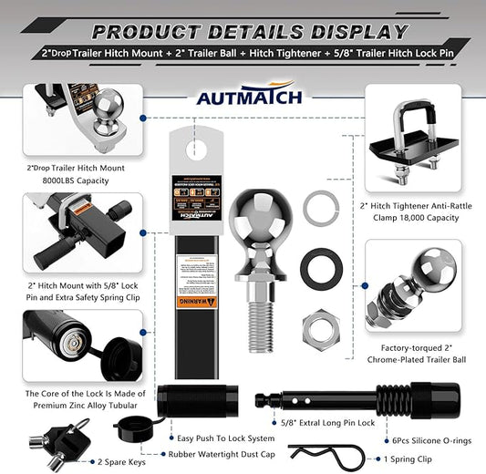 AUTMATCH Trailer Hitch Ball Mount with 2 Inch Hitch Ball - Fits 2" Receiver with Hitch Tightener, 8000Lbs Capacity Ball Hitch, 2-Inch Drop with 5/8" Hitch Lock Pin, White & Black