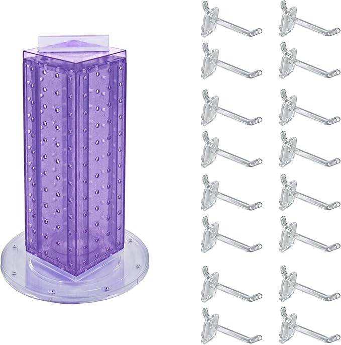 Azar Displays 700220-PUR-2C16 Four-Sided 4”W x 12” Revolving Pegboard Tower Kit Counter Display with 16-Pack of 2 inch Locking Hooks, Purple
