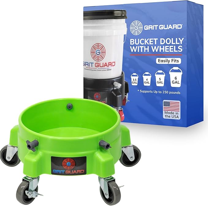 Grit Guard Bucket Dolly with Wheels - Rolling Detailing Wash Bucket with 5 Wheels and 2 Locking Casters Compatible with 2.5, 4, 5 and 6 Gallon Buckets (Green, 3" Grey Casters)