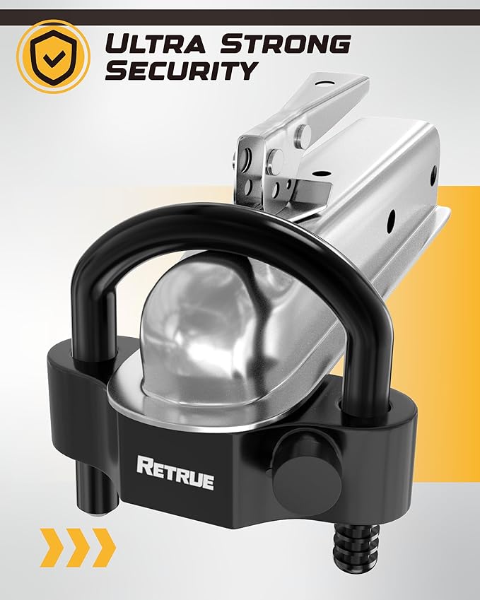 RETRUE Universal Coupler Lock Trailer Locks Ball Hitch Trailer Hitch Lock Adjustable Security Heavy-Duty Steel Fits 1-7/8 Inch, 2 Inch, 2-5/16 Inch Couplers Black