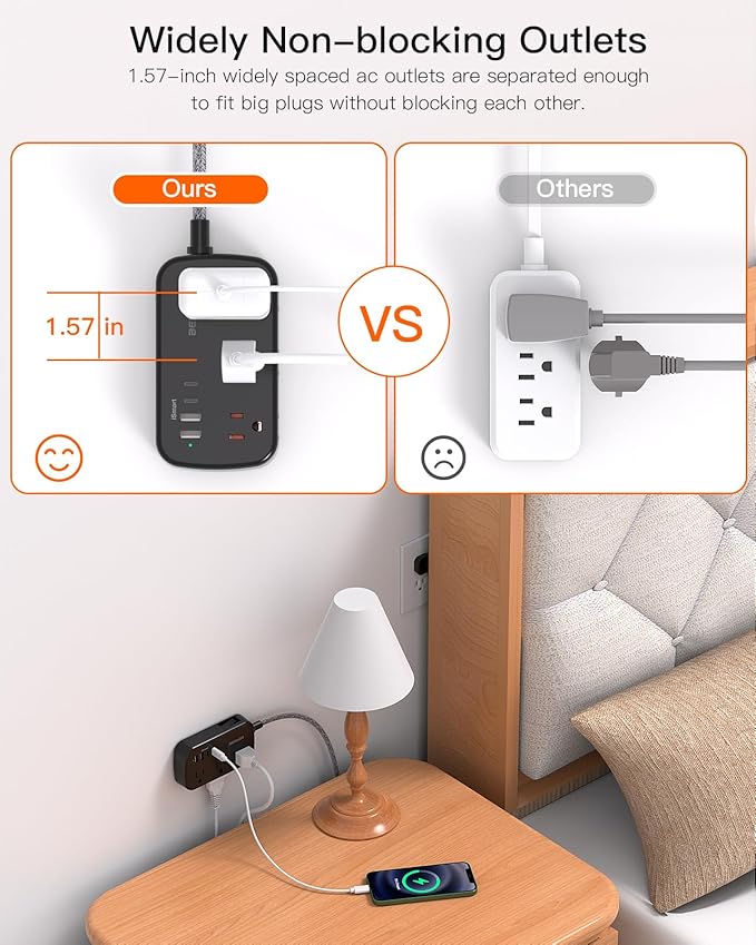 Black Extension Cord, BESHON 5FT Flat Plug Power Strip with USB C, 6 Outlets 4 USB Port(2 USB C), No Surge Protector, Cruise Ship, Dorm Room Travel Essentials