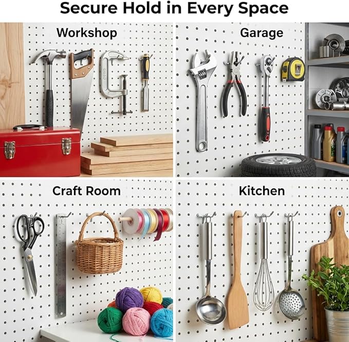 Pegboard Bins and Hooks Set, 4 Pack Open Front Storage Bins with 2 Inch Hooks, Small Parts Organizer Add-On for Screws, Nails, Tools, Garage Workshop Wall Storage